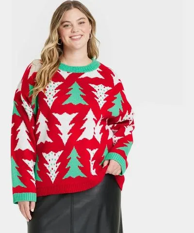 33 Degrees Women's Christmas Tree Print Oversized Festive Graphic Sweater