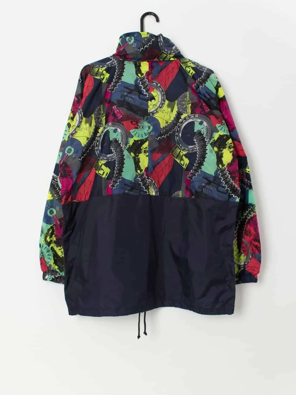 80s vintage deadstock multicoloured rain jacket with abstract clock print – Large