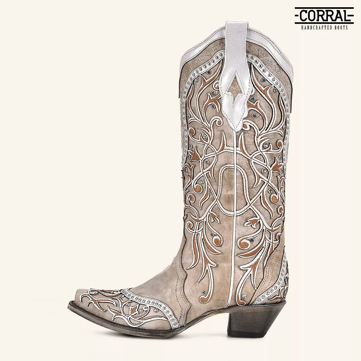 A3837 - Corral white cowgirl western leather floral inlay boots for women