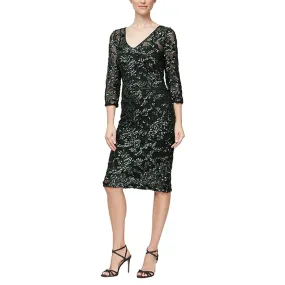 Alex Evenings Short V-Neck Sheath Dress with Illusion Neckline and 3/4 Sleeves