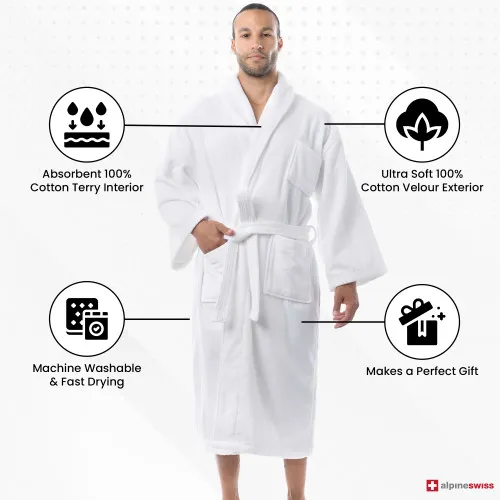 Alpine Swiss Pure Cotton Mens Terry Cloth Bathrobe Super Absorbent Spa Robe