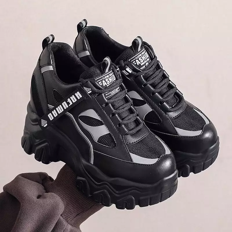 Ashore Shop Autumn Women Platform Chunky Sneakers 8cm High Heel Black Casual Vulcanize Shoes Designer Breathable Mesh Dad Shoes 