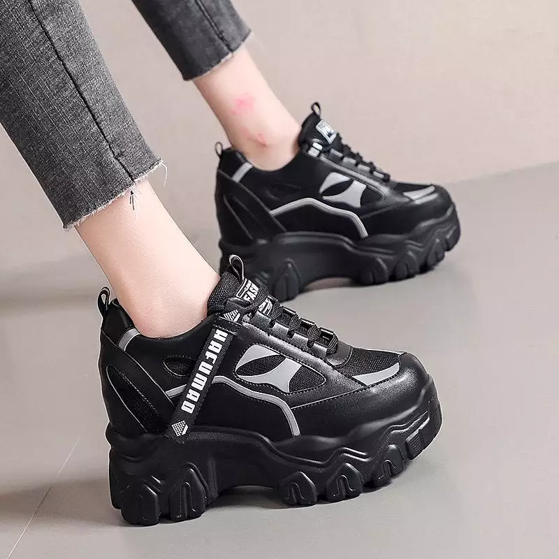 Ashore Shop Autumn Women Platform Chunky Sneakers 8cm High Heel Black Casual Vulcanize Shoes Designer Breathable Mesh Dad Shoes 