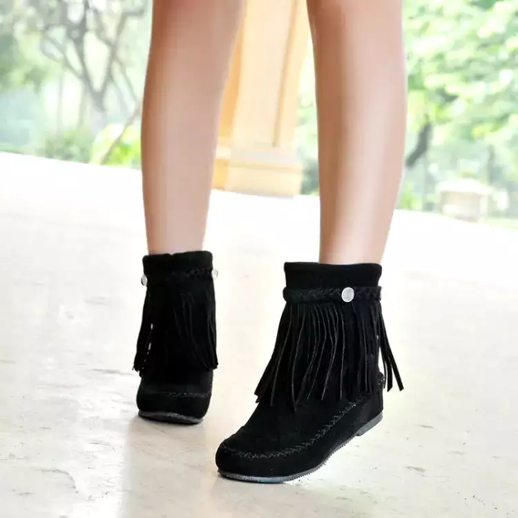 Ashore Shop boho ethnic national women tassel fringe Faux suede leather ankle boots