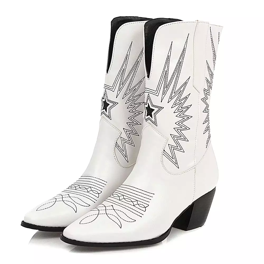 Ashoreshop Western Cowgirl Floral Boots For Women 2023 Pointed Toe Mid Calf Embroidery Boots