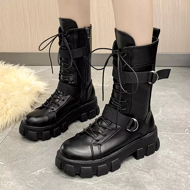 Biker Girl's Boots 2023 New Lace-Up Platform Shoes Leather Boots Women