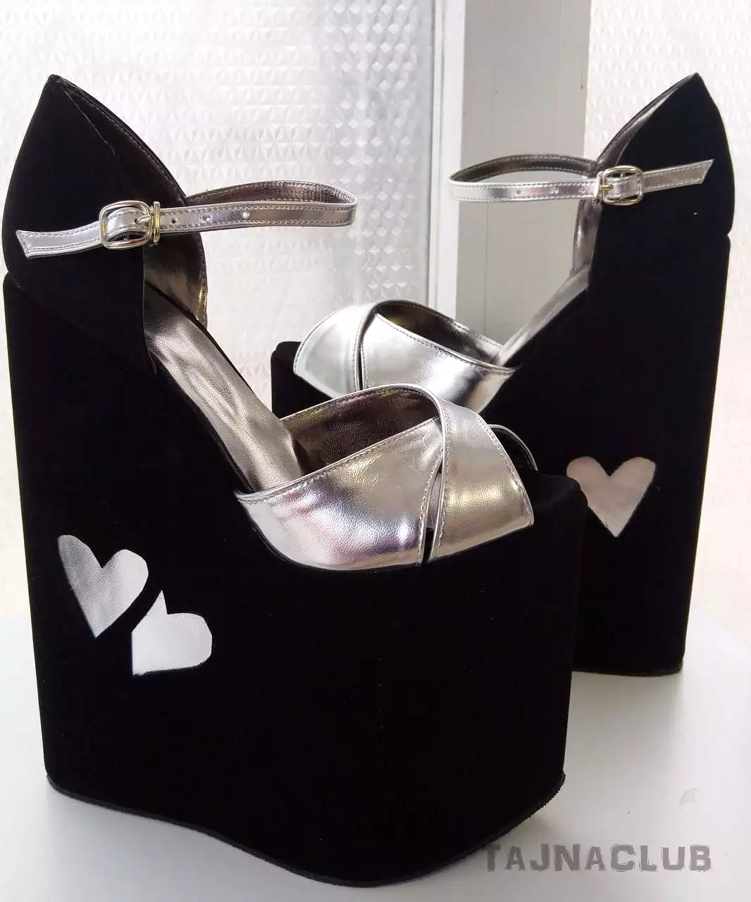 Black and Silver Ankle Strap Wedge Sandals