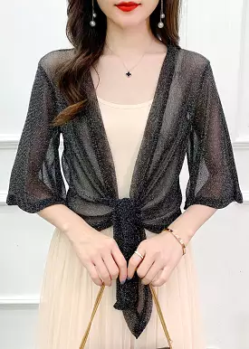 Black Lace Up Thin Tulle Cardigans V Neck Flare Sleeve AS1057