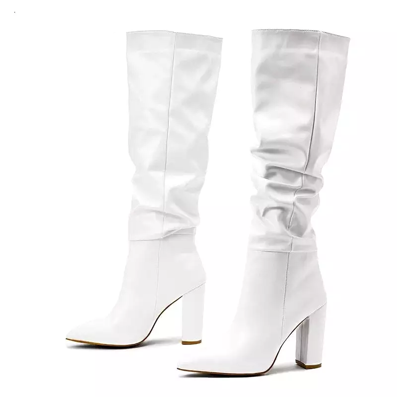 Boots White Black Women Knee High Boots Sexy Pointed Toe Square Heels