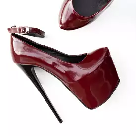 Bordeaux Gloss Ankle Strap Platform Heels