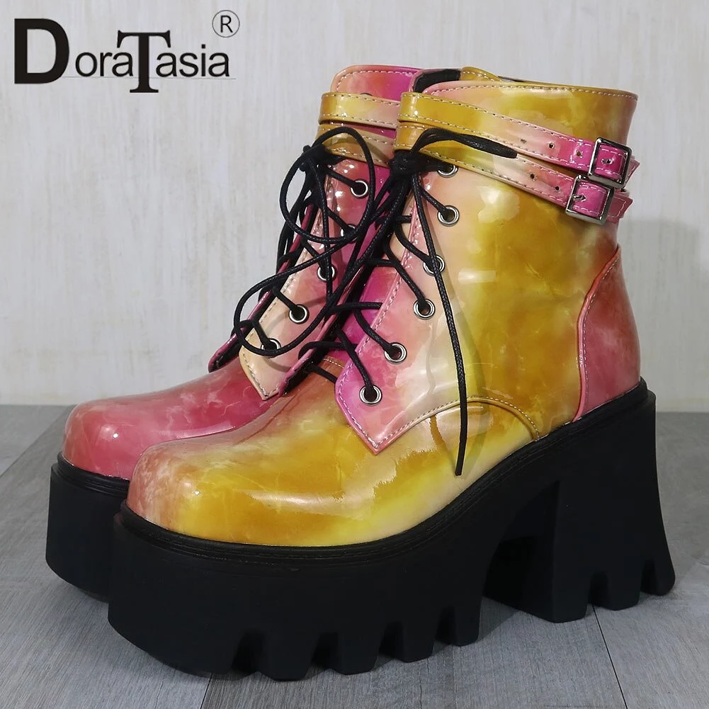 Chunky High Heels Ankle Boots Fashion Colorful Zip Platform Boots Women Party Street Shoes Woman