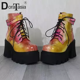 Chunky High Heels Ankle Boots Fashion Colorful Zip Platform Boots Women Party Street Shoes Woman