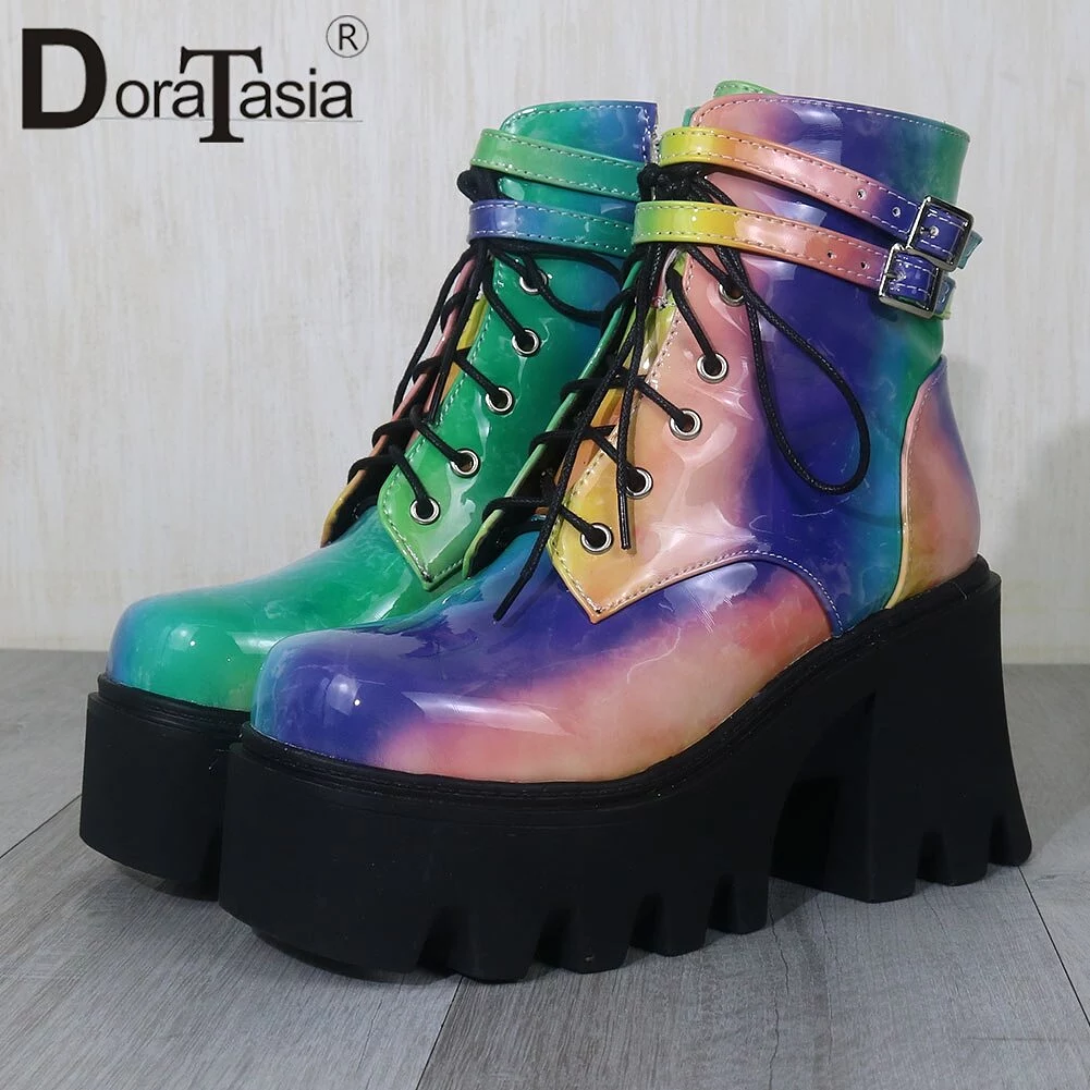 Chunky High Heels Ankle Boots Fashion Colorful Zip Platform Boots Women Party Street Shoes Woman