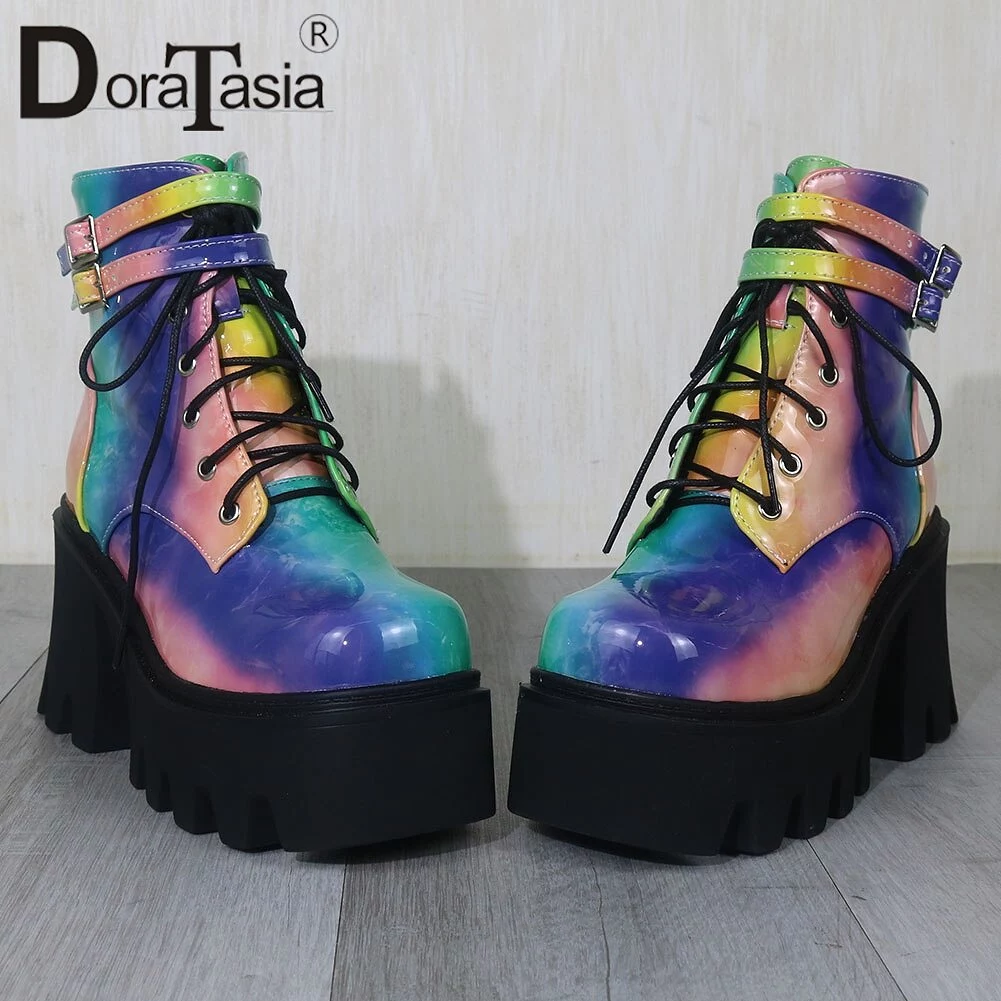 Chunky High Heels Ankle Boots Fashion Colorful Zip Platform Boots Women Party Street Shoes Woman