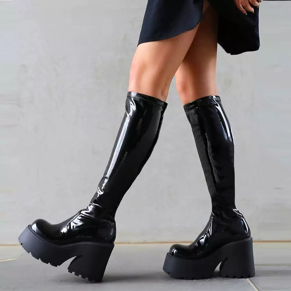 Chunky High Heels Platform Goth Black Women Boots Brand Design Fashion Luxury Shoes Boots Women