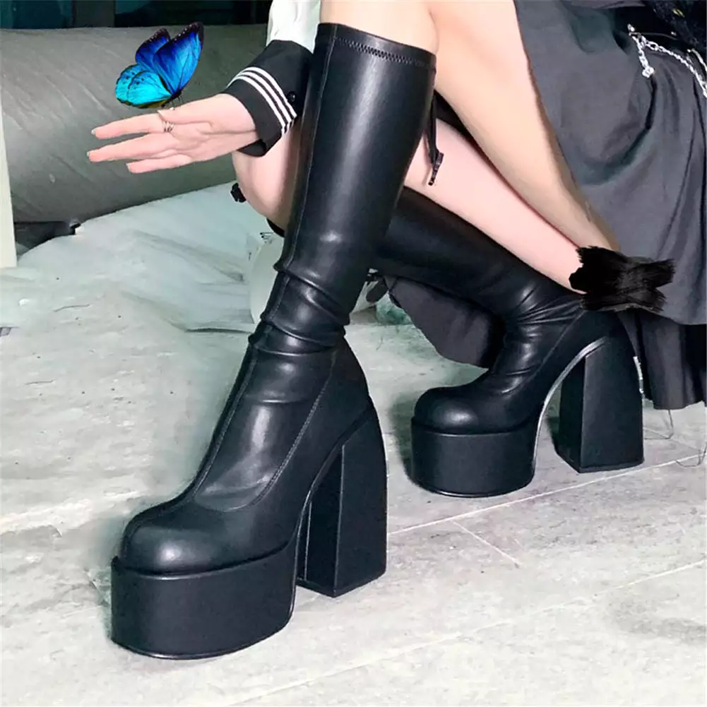 Chunky High Heels Platform Goth Black Women Boots Brand Design Fashion Luxury Shoes Boots Women