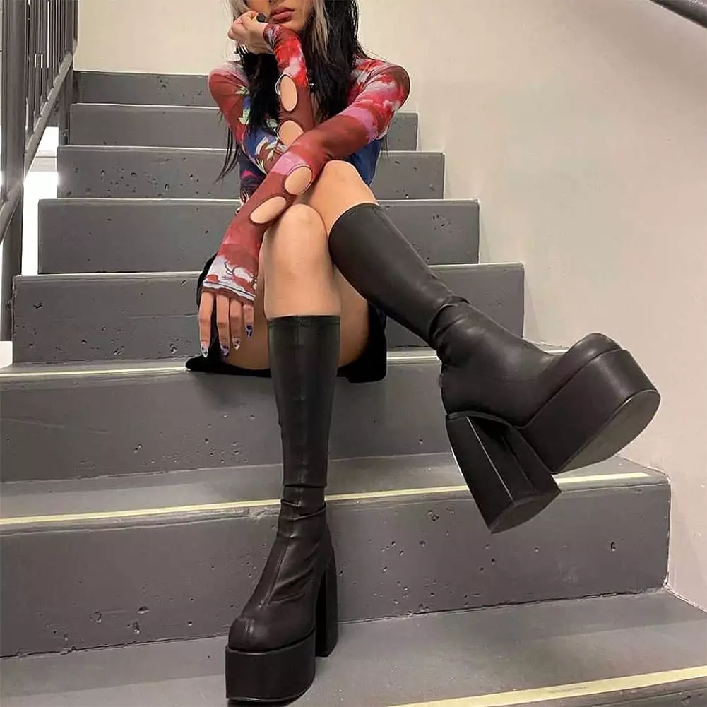 Chunky High Heels Platform Goth Black Women Boots Brand Design Fashion Luxury Shoes Boots Women