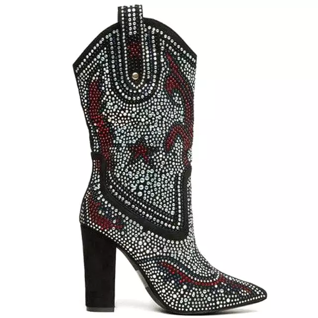 Cowgirl Boots Women Luxurious Crystal Rhinestone Studded Mid Calf Boots