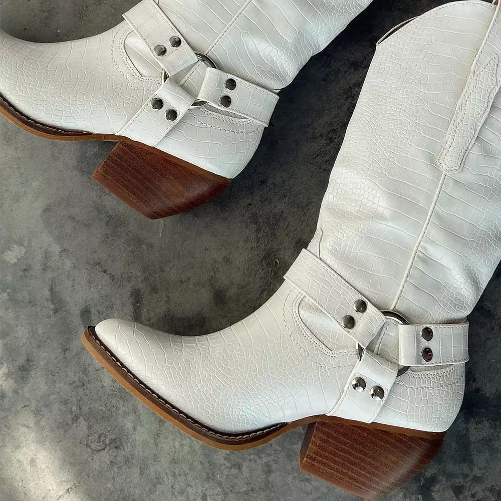 Croc Print White Cowboy Mid Calf Boots Autumn Slip On Metal Chain Roman Style Casual Ridding Boots Shoes