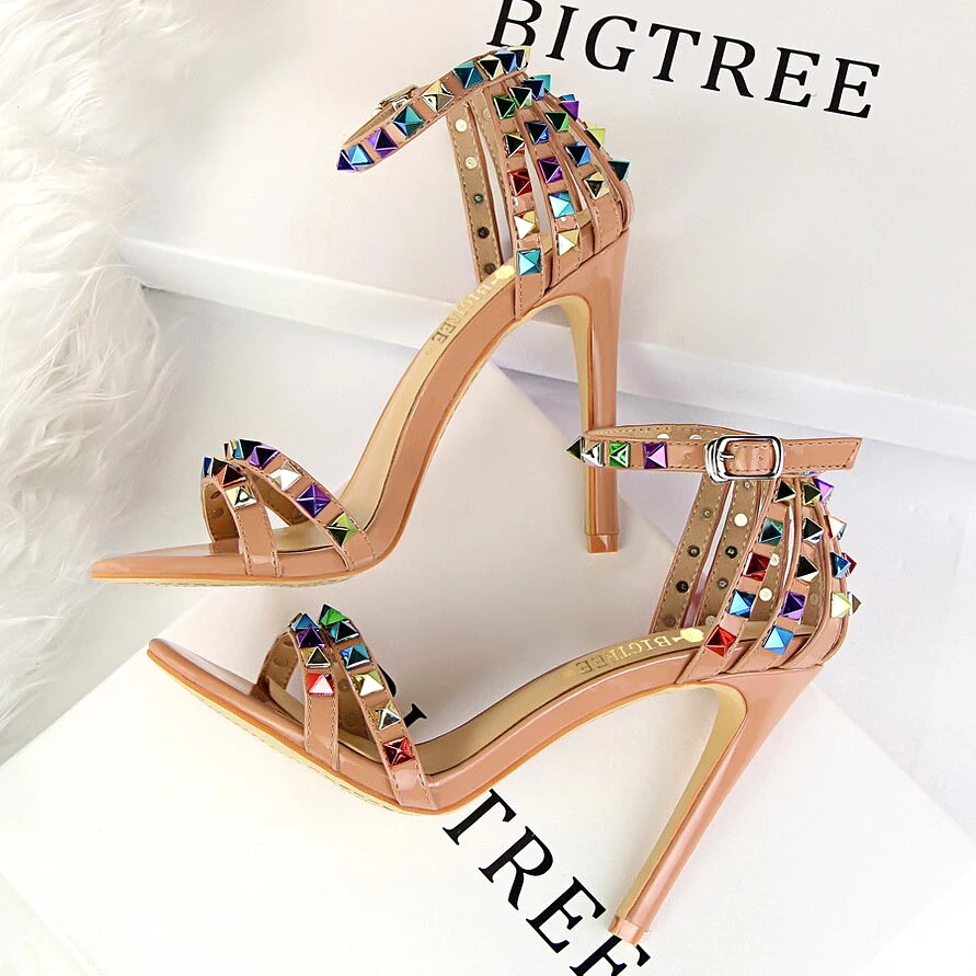 Elegant Buckle Fashion Rivets High Heels Sandals Women Cut-Outs Party Shoes