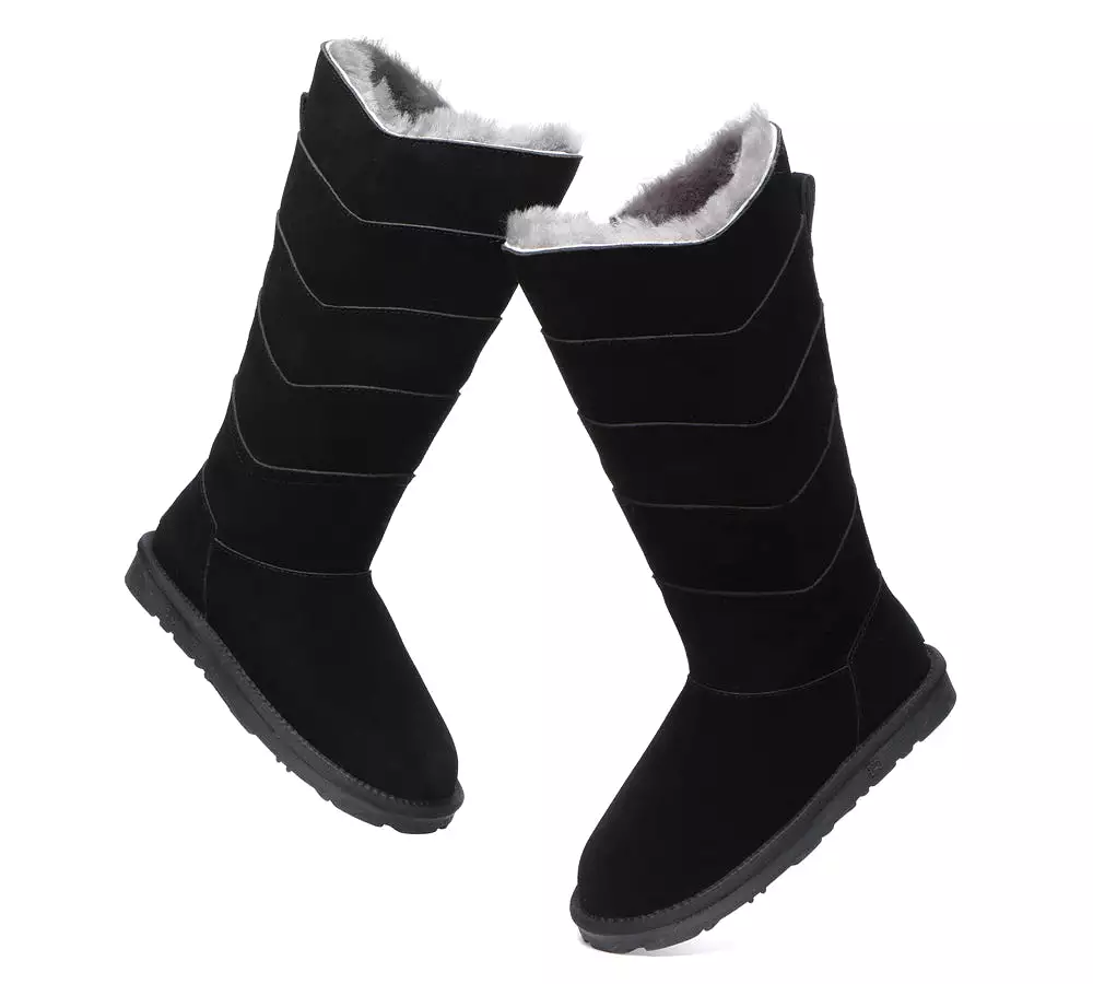 EVERAU Premium Australian Sheepskin Knee High Zipper Boots Women Swanston 5 Panel