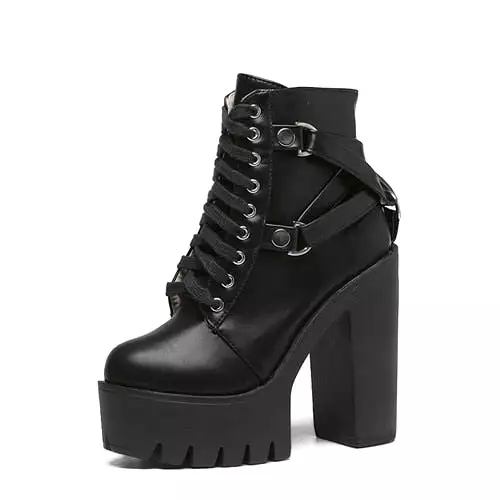 Fashion Black Boots Women Heel Spring Autumn Lace-up Soft Leather Platform Shoes Woman Party Ankle Boots High Heels Punk