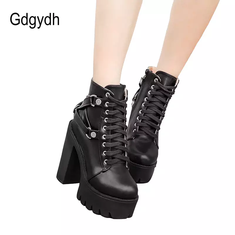 Fashion Black Boots Women Heel Spring Autumn Lace-up Soft Leather Platform Shoes Woman Party Ankle Boots High Heels Punk