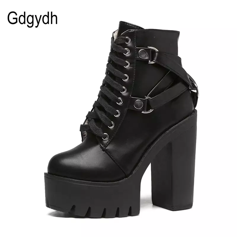 Fashion Black Boots Women Heel Spring Autumn Lace-up Soft Leather Platform Shoes Woman Party Ankle Boots High Heels Punk