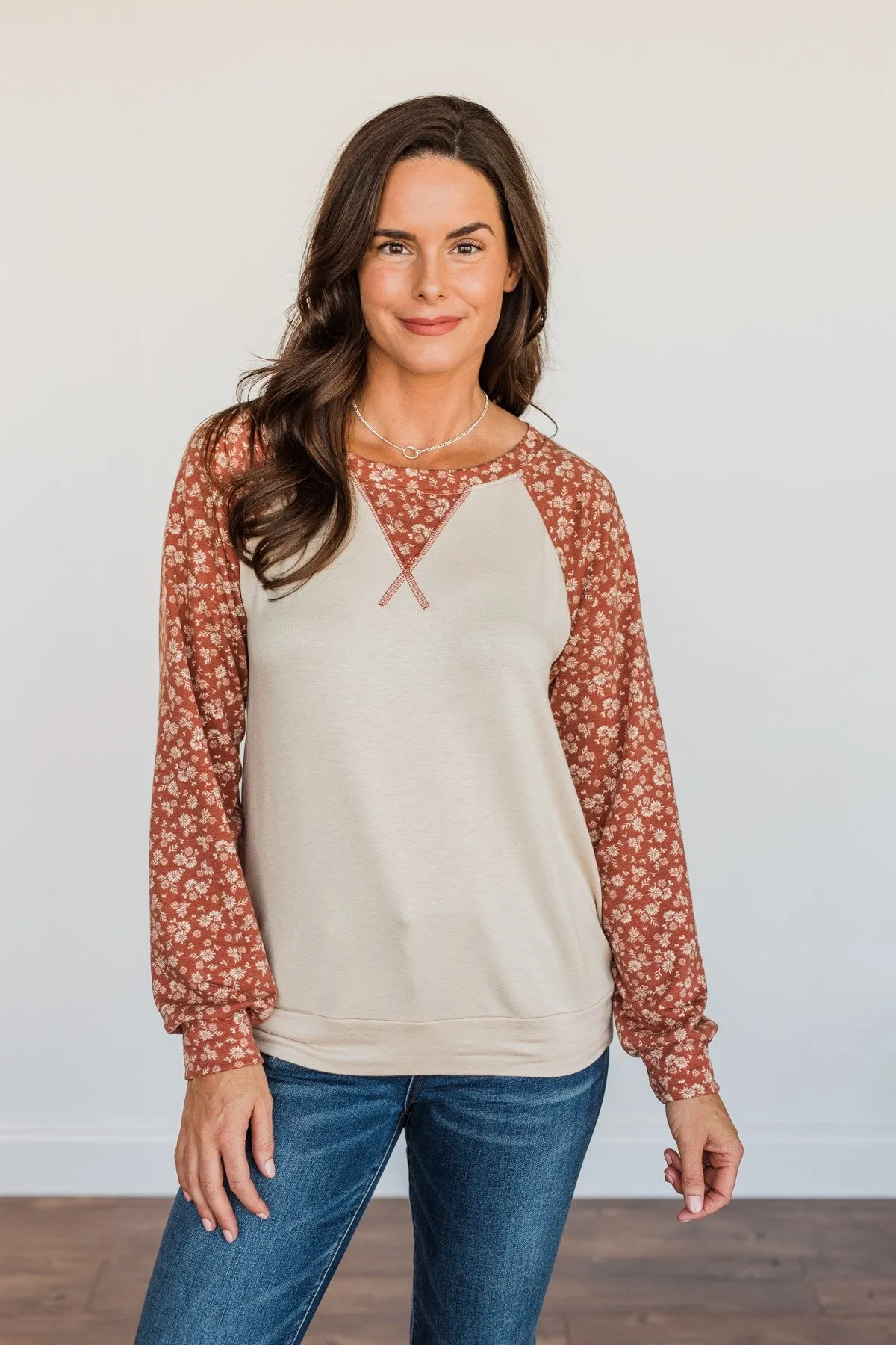 Feeling Cute Floral Long Sleeve Top- Oatmeal & Clay