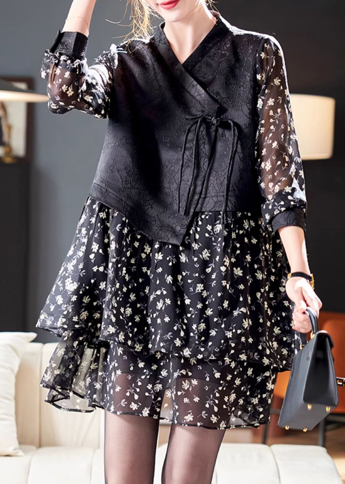 French Black Lace Up Print Patchwork Chiffon Mid Dress Spring QA1051