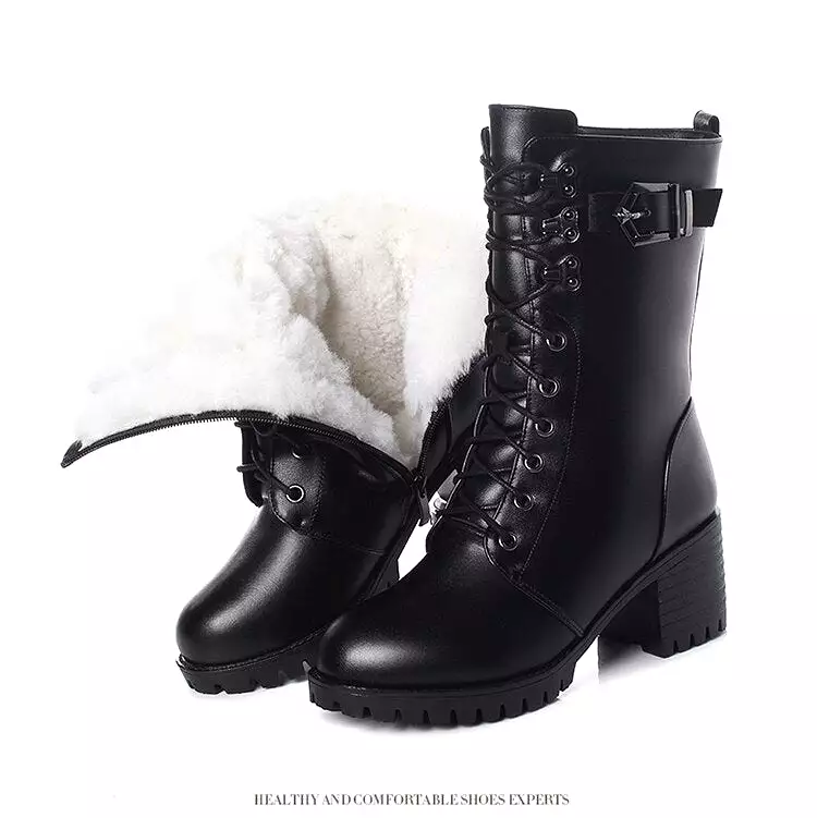 Genuine Leather High-heeled Large Size Motorcycle Boots Women New Wool Warm Winter Boots for Women