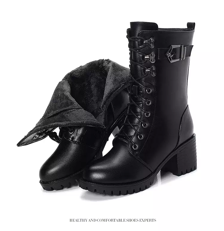 Genuine Leather High-heeled Large Size Motorcycle Boots Women New Wool Warm Winter Boots for Women