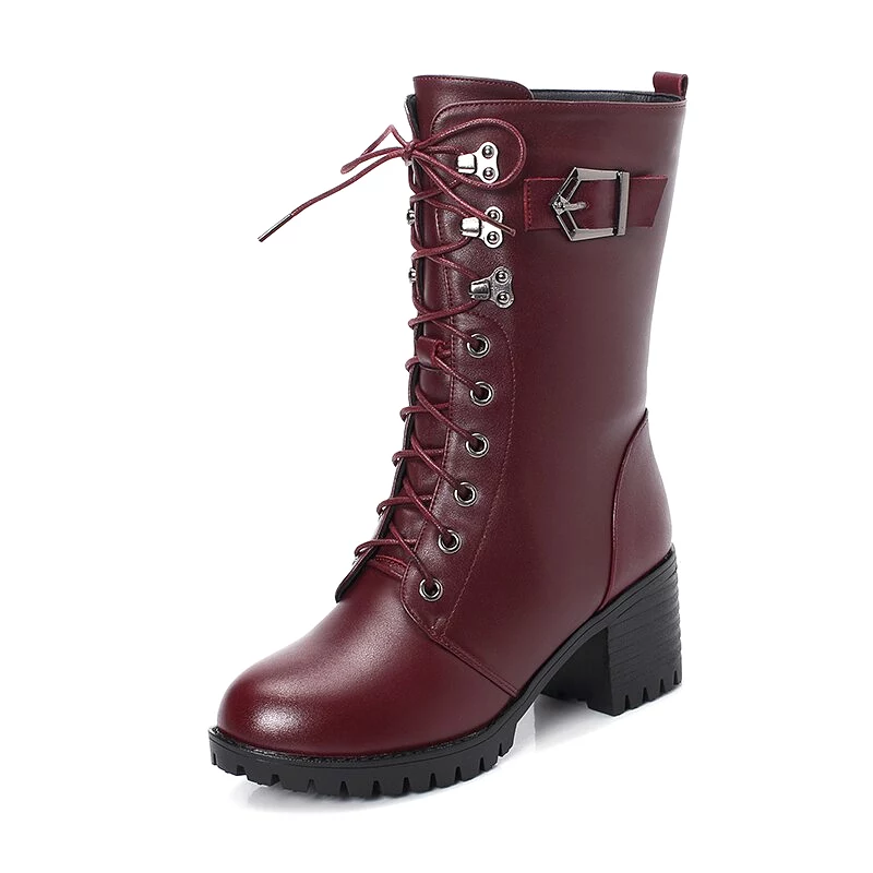 Genuine Leather High-heeled Large Size Motorcycle Boots Women New Wool Warm Winter Boots for Women