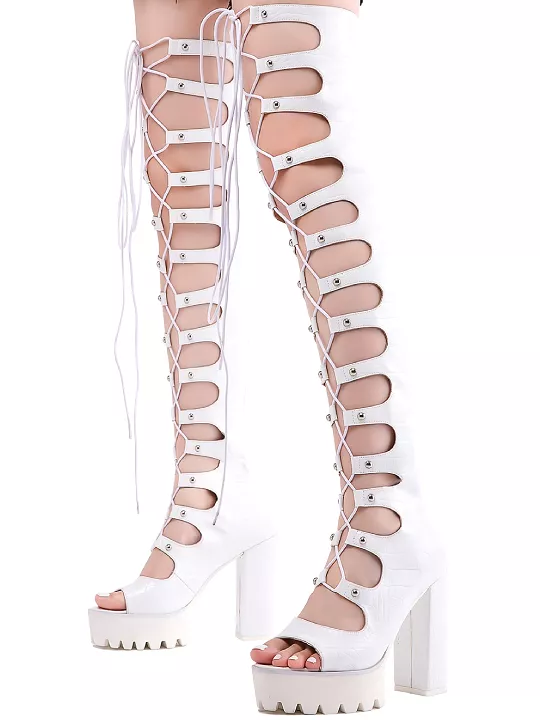 Lace Up Platform Heel Open Toe Knee Sandal