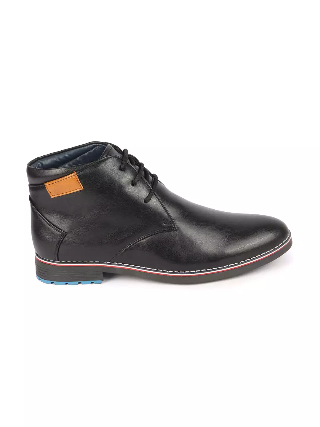 Men Black Genuine Leather Mid Top Chukka Lace Up Boots with TPR Welted Colorblocked Sole