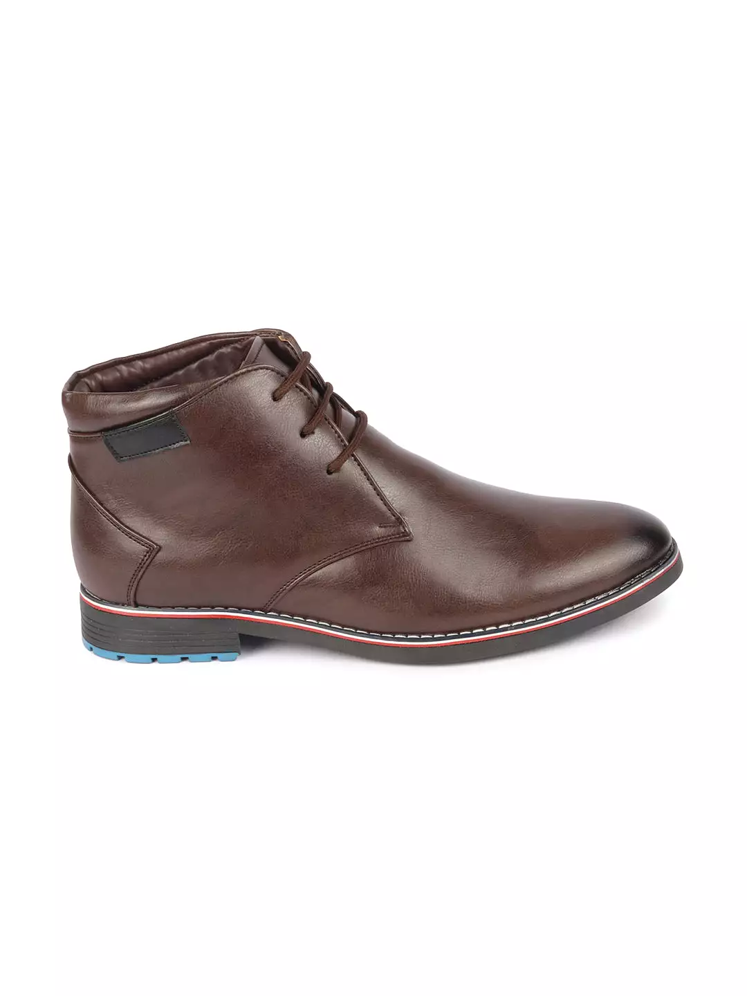 Men Brown Genuine Leather Mid Top Chukka Lace Up Boots with TPR Welted Colorblocked Sole