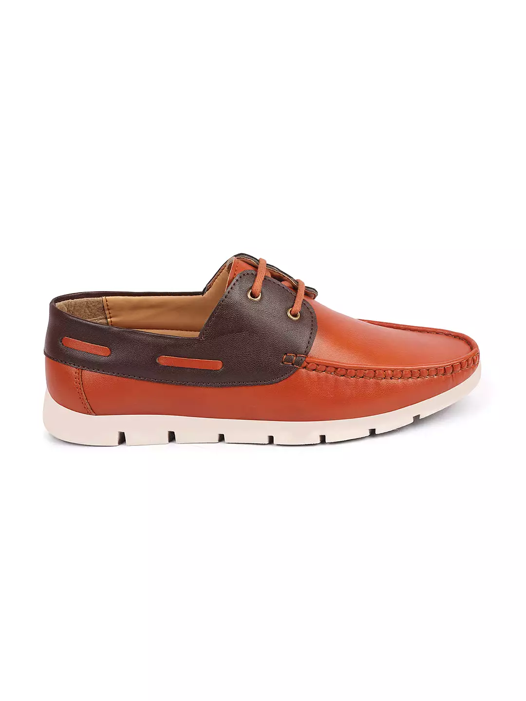 Men Tan Side Lace Stitched Design Lace Up Boat Shoes