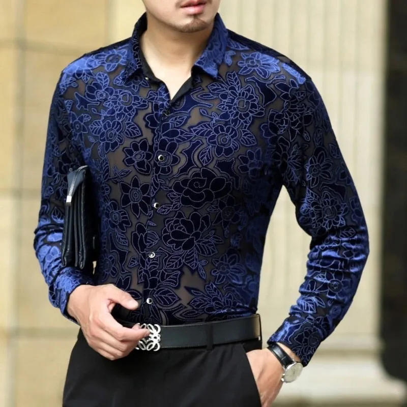 Men's Sexy Floral Printed Transparent See-Through Long Sleeve Shirt