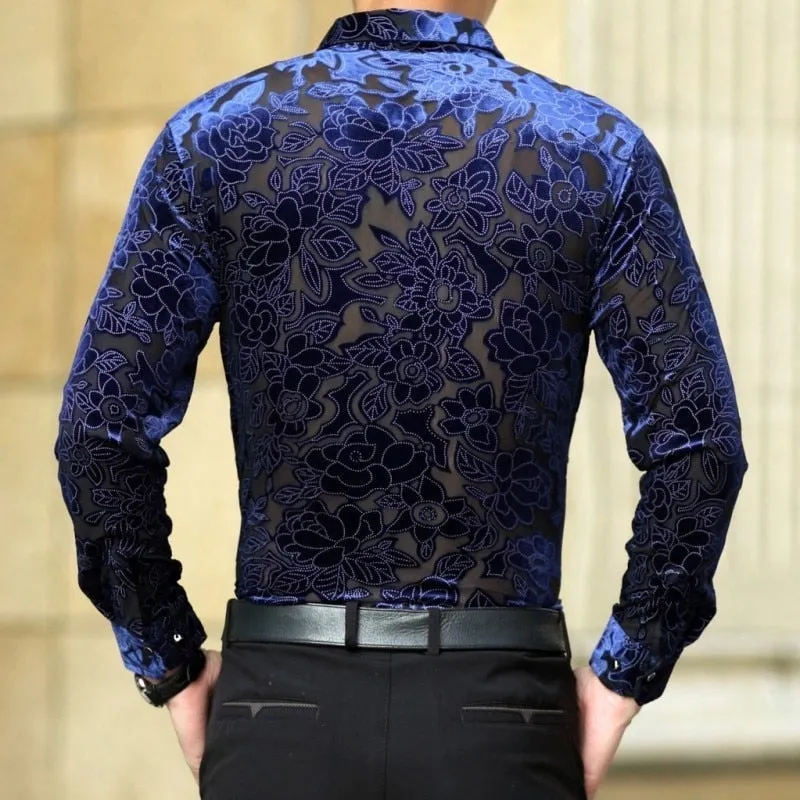 Men's Sexy Floral Printed Transparent See-Through Long Sleeve Shirt