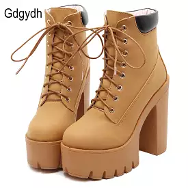 Platform Ankle Boots Women Lace Up Thick Heel Platform Boots Ladies Worker Boots