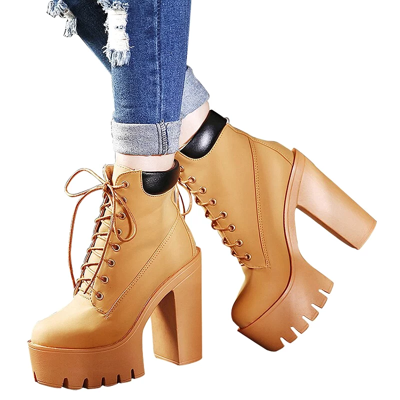 Platform Ankle Boots Women Lace Up Thick Heel Platform Boots Ladies Worker Boots