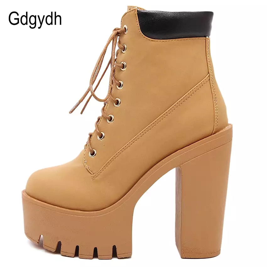 Platform Ankle Boots Women Lace Up Thick Heel Platform Boots Ladies Worker Boots