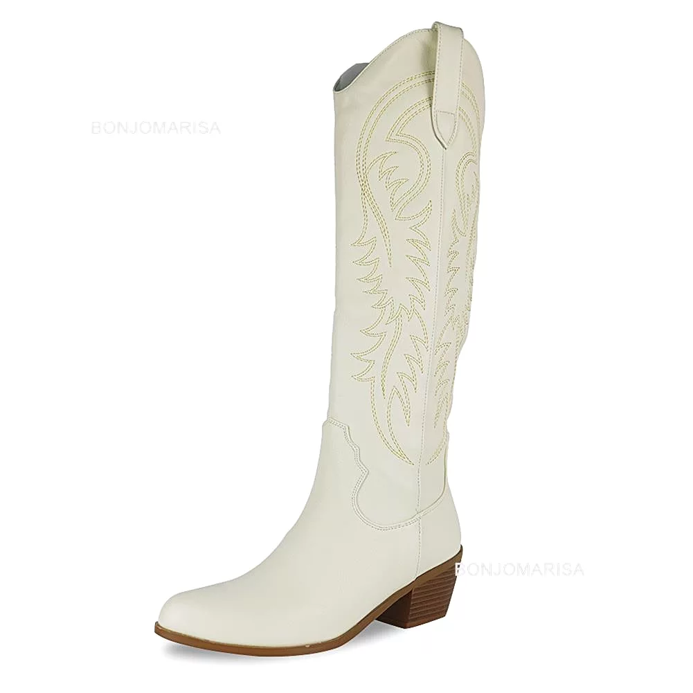 Plus Size 45 Women's Embroidered Western Knee High Boots Cowboy Cowgirl Boots Chunky Heel Platform Boots Women Western Shoes