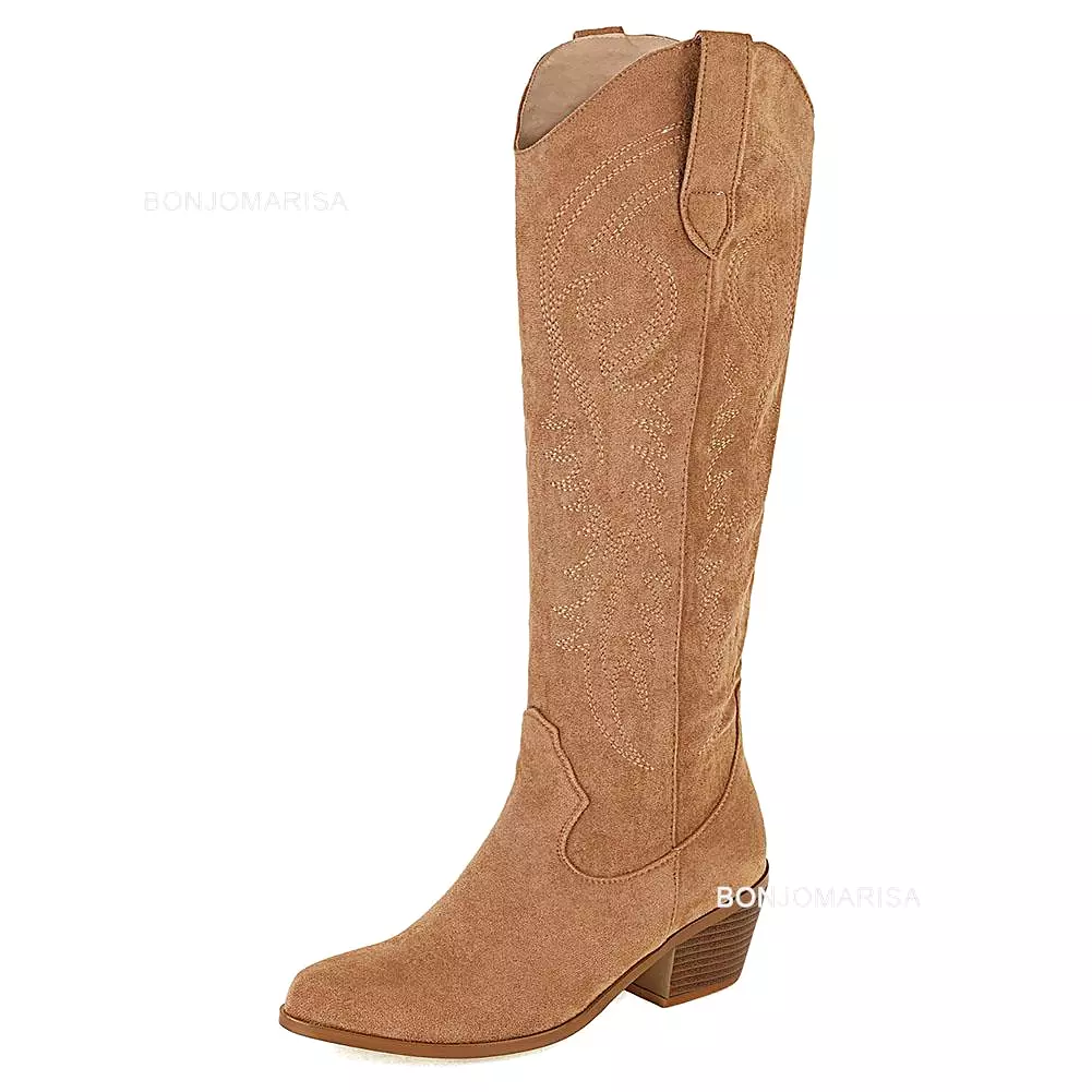 Plus Size 45 Women's Embroidered Western Knee High Boots Cowboy Cowgirl Boots Chunky Heel Platform Boots Women Western Shoes