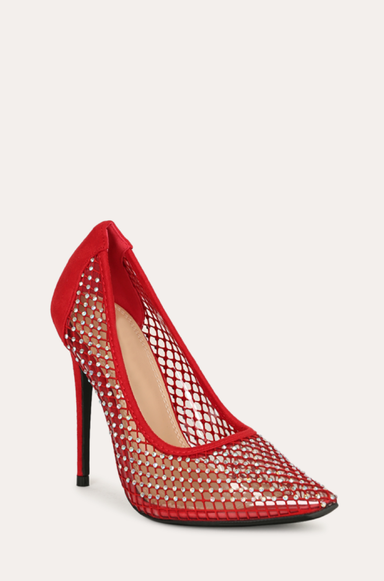 Red Rhinestone Fishnet Heels