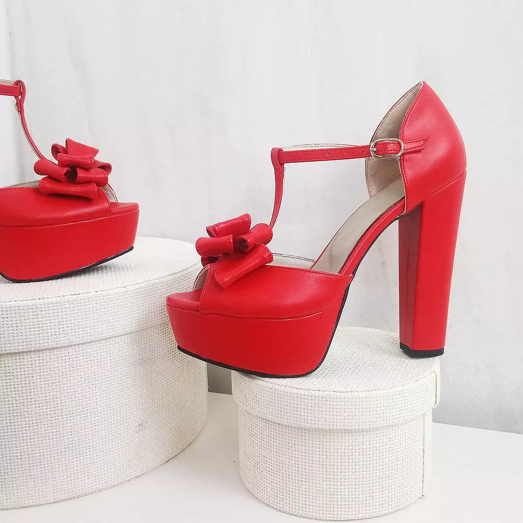 Red Ribbon Chunky High Heels