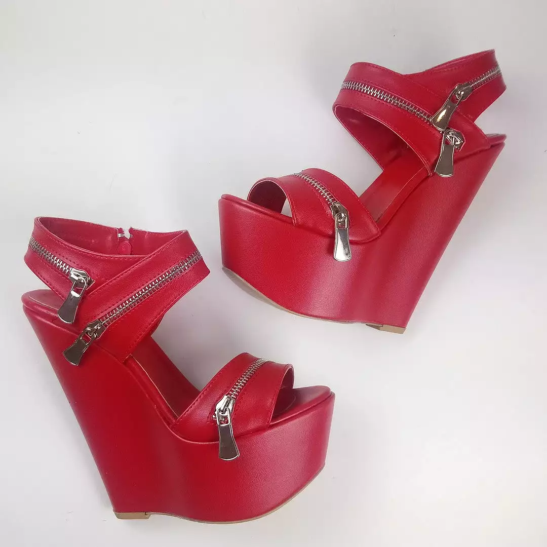 Red Zipper Detail Wedge Sandals