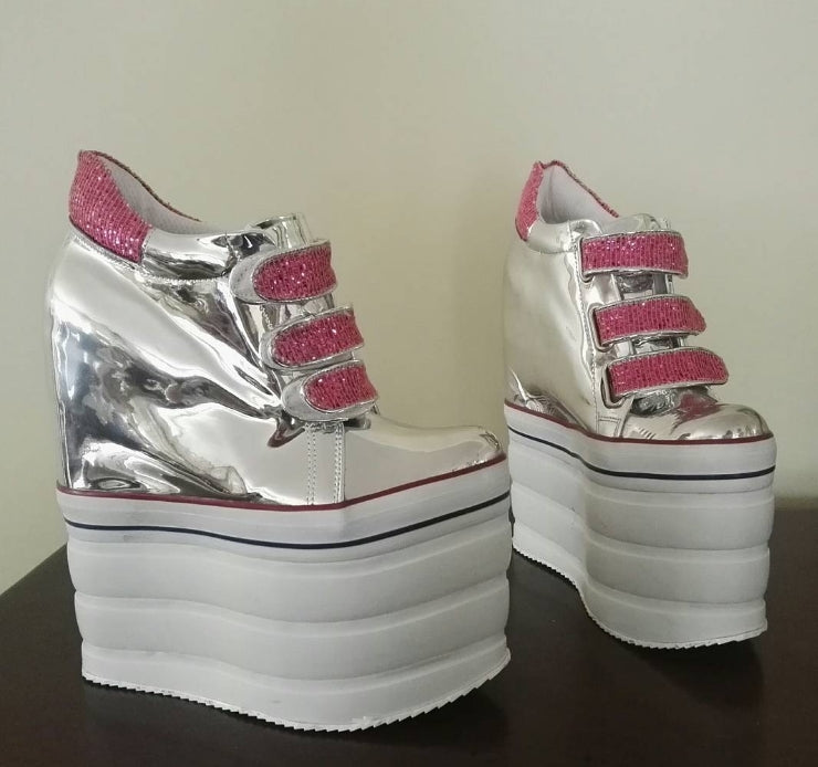 Silver Pink High Heel Wedge Casual Women Platform Shoes