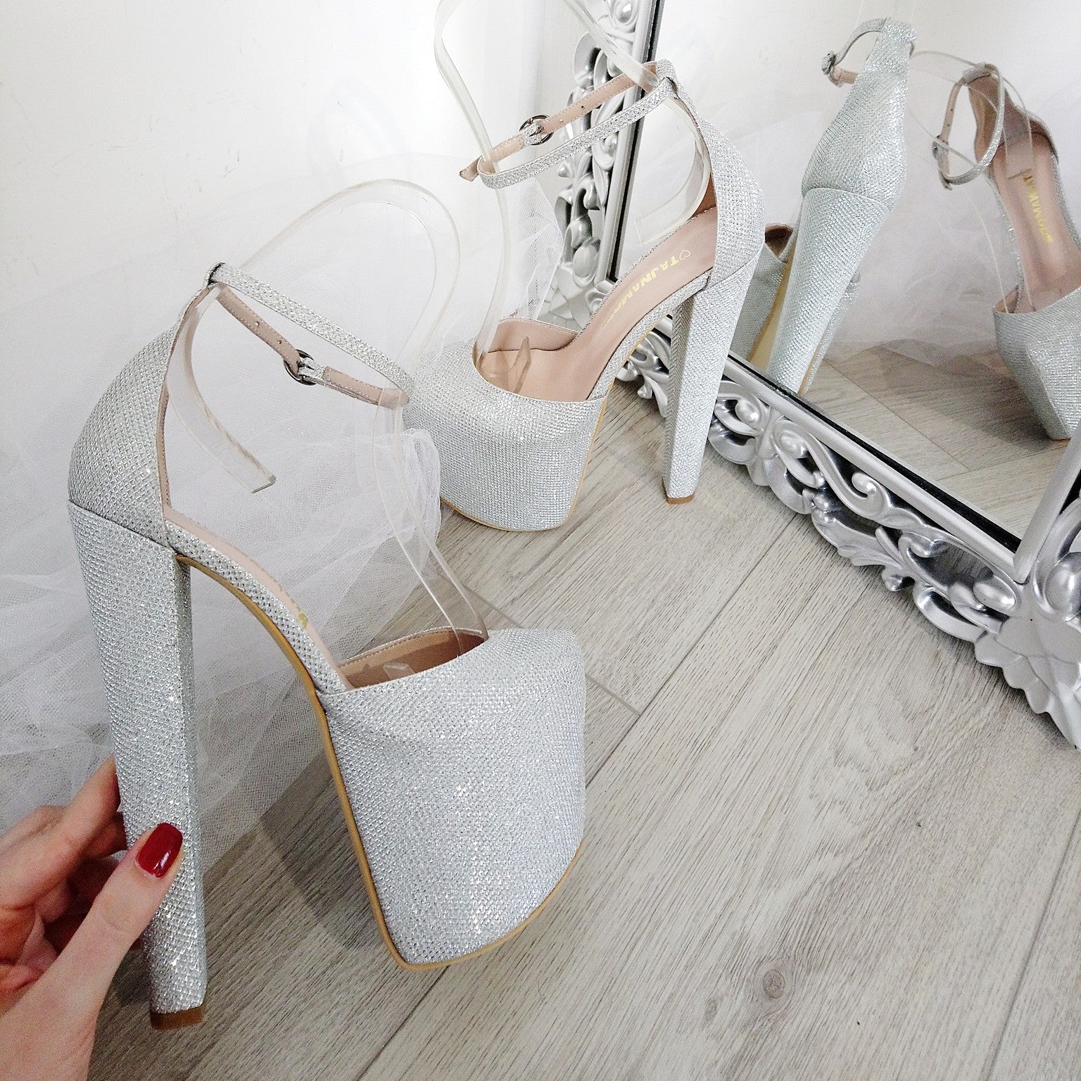 Silver Shiny Ankle Strap High Heel Women Shoes