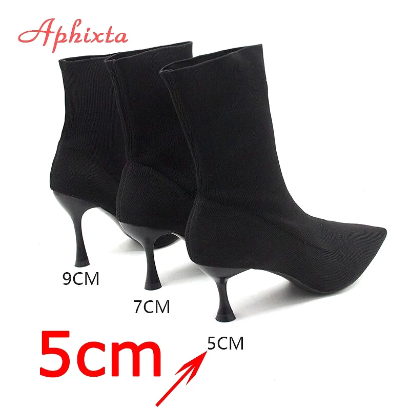 Stretch Fabric Socks Boots Women Black Shoes Elegant Pointed Toe Knitting Elastic Ankle Boots for Women